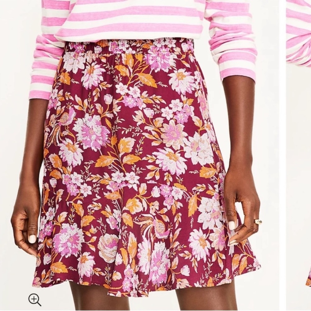 LOFT Floral burgundy Pink Orange tiered flippy flouncy Skirt size XS - Picture 2 of 7